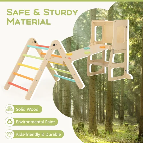 Miniatura 6 de Olakids Juego de triángulo Pikler 8 en 1 juguetes de escalada para niños pequeños Gimnasio de la jungla Montessori de madera plegable con torre