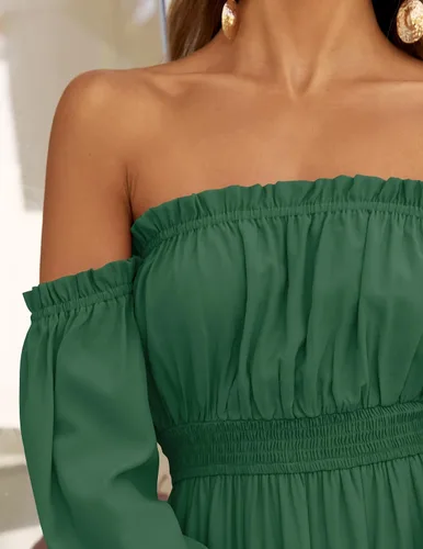 Miniatura 68 de ZESICA - Vestido largo, bohemio y sexy, con hombros descubiertos y manga larga fruncida, con elástico fruncido, cintura alta y abertura lateral