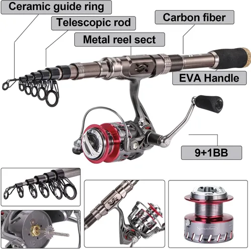 Miniatura 4 de Sougayilang Juego de caña de pescar y carrete de fibra de carbono telescópica caña de pescar 12+1BB carrete giratorio con estuche de transporte