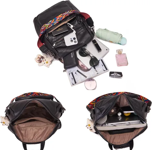 Miniatura 4 de Qiyuer Mochila de piel sintética para mujer, bolso de hombro convertible de viaje para mujer, color negro
