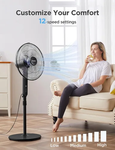 Miniatura 2 de PELONIS Ventilador de pie oscilante de 16 pulgadas Altura ajustable Motor DC ultra silencioso Control remoto 12 velocidades Temporizador