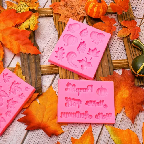 Miniatura 5 de Whaline Paquete de 3 moldes de fondant de otoño, calabaza, hojas de arce, moldes de silicona de resina de caramelo de otoño para hornear chocolate