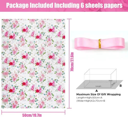 Miniatura 2 de Juego de papel de regalo de boda y cinta para niñas y mujeres, 6 hojas plegadas, diseño de rosa roja y rosa, 20 x 28 pulgadas, papel de regalo