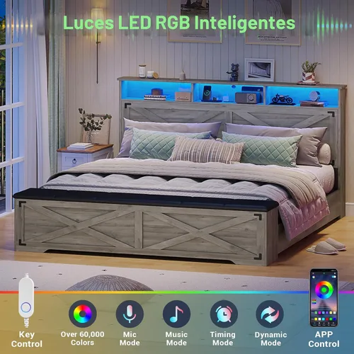 Miniatura 5 de Hasuit - Marco de cama tamaño Queen con otomana de almacenamiento, marco de cama estilo granja con estación de carga y luz LED, cabecera con estante