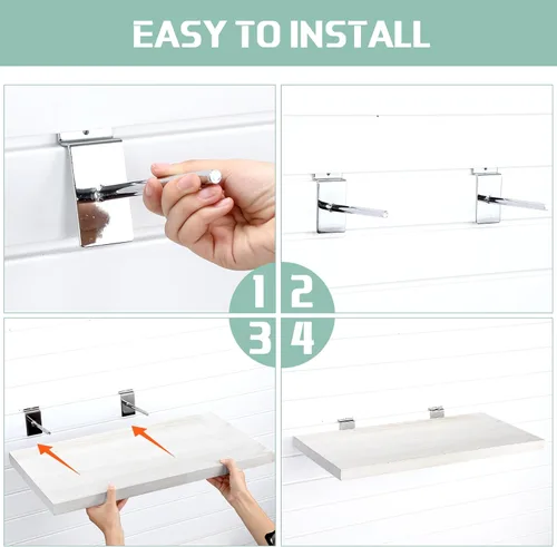 Miniatura 5 de Landical Juego de 4 estantes flotantes de madera para pared, estantes de pared de listones blancos con ganchos de metal, accesorios para sala