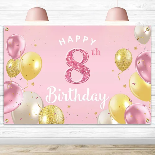 Miniatura 20 de Cartel de fondo de feliz 4º cumpleaños, suministros de decoración de fiesta de cumpleaños 4 para niñas, color rosa, 3.9 x 5.9 pies