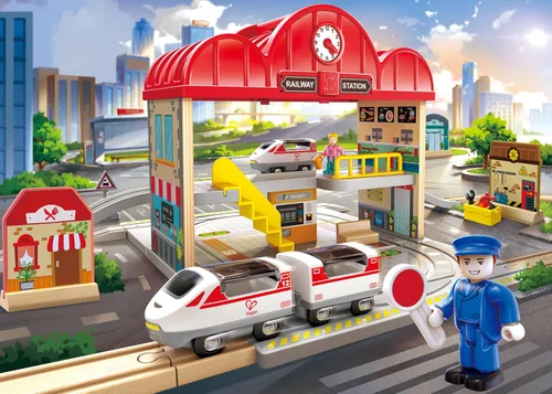 Miniatura 2 de Hape Juego de estación de tren de madera portátil, juego de tren para niños, rieles, estación de tren y personajes, fácil de transportar