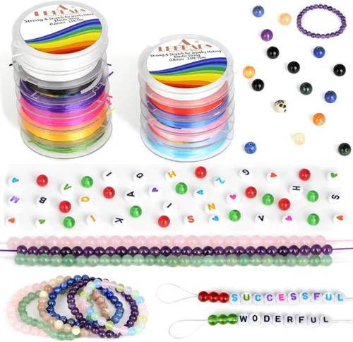 Miniatura 5 de LPBeads 12 rollos de 0.8mm de hilo elástico para hacer joyería de pulseras con agujas y regla para ensartar cuentas