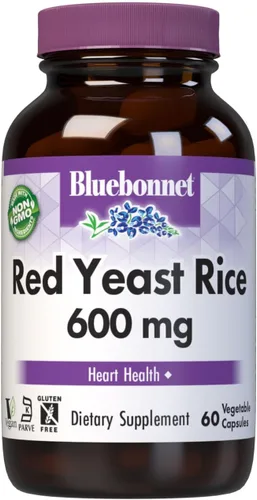 Bluebonnet Nutrition - Arroz de levadura roja de 600 mg, sin OMG, vegano, certificado Kosher, sin gluten, sin soja, sin lácteos, 60 cápsulas