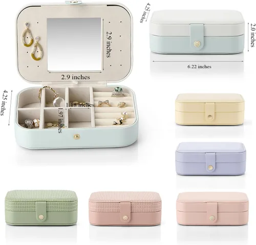 Miniatura 5 de Vlando Pequeño organizador de joyas de viaje, estuche de almacenamiento de piel sintética para collares, aretes, anillos, tejido verde