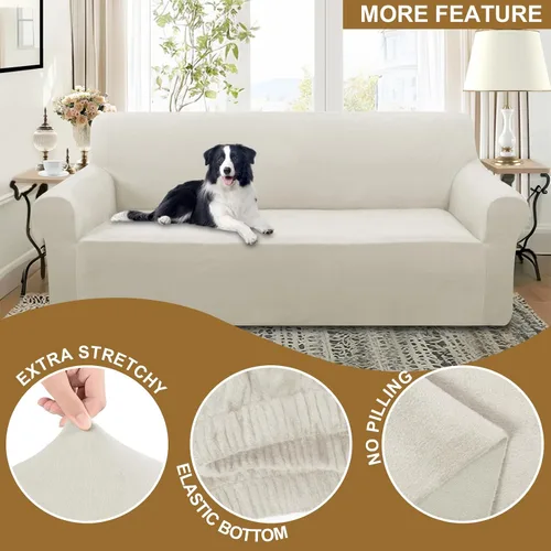 Miniatura 4 de U-NICE HOME Fundas de terciopelo para sofá, fundas elásticas para sofá de 3 cojines, protector de muebles (XL, grande, beige)