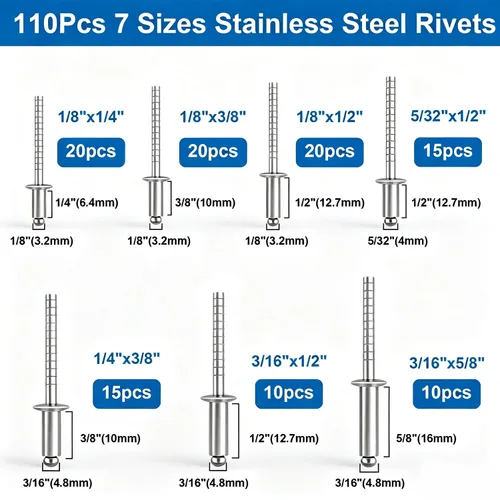 Miniatura 2 de 110 piezas de remaches de acero en 7 tamaños, kit de surtido de remaches de acero inoxidable 304 de 1/8", 5/32", 3/16" para metal, muebles, Plateado