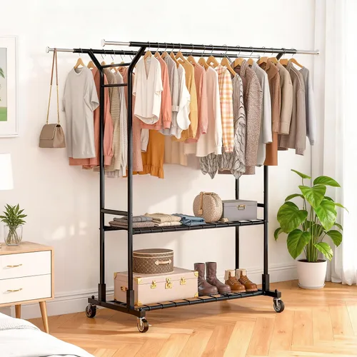 Miniatura 2 de Luxspire Perchero resistente con carga de 650 libras, percheros de ropa de doble barra para colgar ropa, estantes de ropa rodantes con ruedas