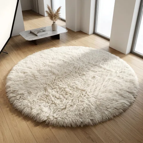 Alfombra flokati redonda clásica de 5 pies. Pelo suave y esponjoso de 3.5 pulgadas. 100% lana natural. Alfombra moderna de color blanco roto lanudo