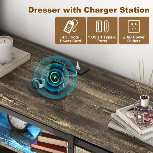 Miniatura 4 de Cómoda para dormitorio con 9 cajones, cómoda de madera de 43 pulgadas de alto con puertas corredizas de granero, luces LED, soporte de TV moderno