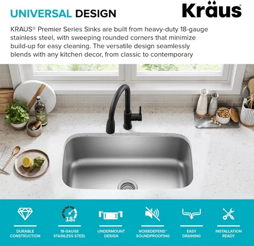 Miniatura 5 de Fregadero de cocina KBU14 de Kraus, de 31 1/2", de pila única, en acero inoxidable de calibre 16 (montaje inferior), KBU14