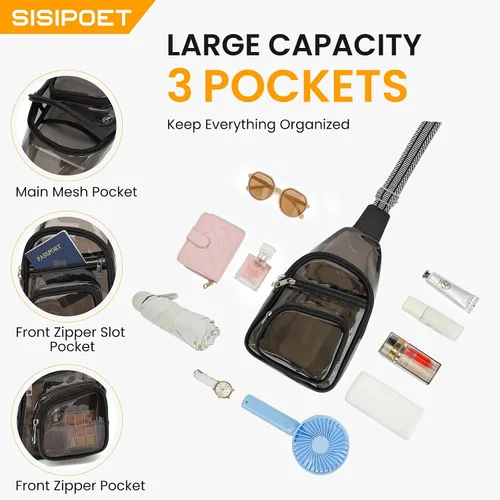 Miniatura 4 de Sisipoet Bolsa transparente para eventos en estadios, bolsa cruzada transparente para conciertos, riñonera para mujeres y hombres, bolsas Semi negro