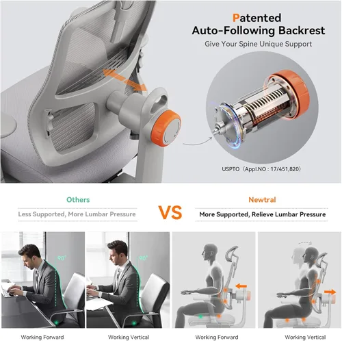 Miniatura 3 de Newtral Silla de oficina con soporte lumbar, silla de escritorio ergonómica de respaldo alto con reposacabezas ajustable, reposabrazos 3D, Gris