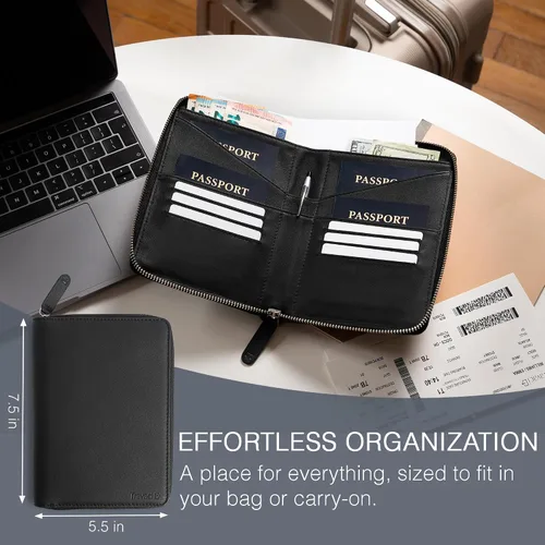 Miniatura 5 de Soporte para pasaporte familiar de cuero de grano completo para 4 pasaportes - Soporte RFID para pasaporte y organizador de documentos de viaje