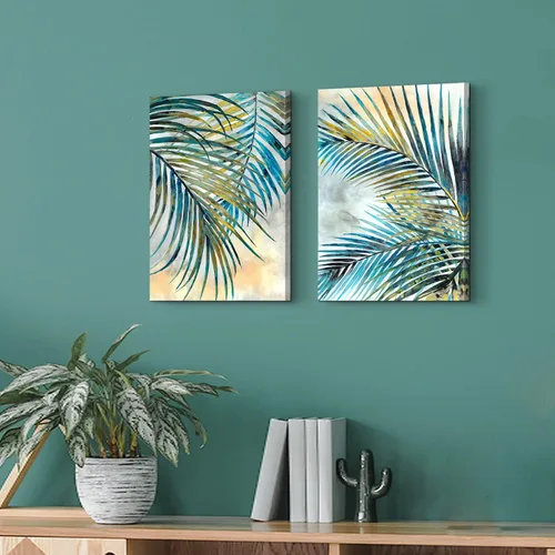 Miniatura 5 de SunFlax Lienzo de hojas de palmera: imagen de palmera tropical, arte botánico de naturaleza, verde azulado, impresión abstracta de plantas, pintura