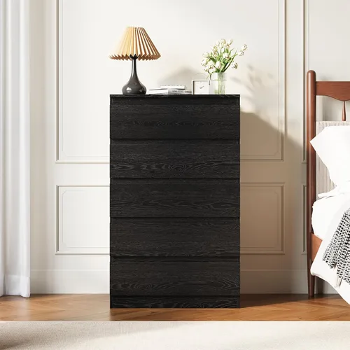 Miniatura 8 de OtterOasis Cómoda de madera negra para dormitorio, 5 cajones para almacenamiento de ropa, cómoda moderna con cajones anchos, cajones anchos