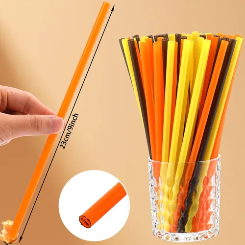 Miniatura 2 de Umigy 150 popotes de plástico desechables para Acción de Gracias, color naranja, amarillo y marrón, envueltos para suministros de fiesta de otoño