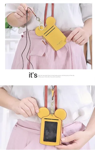Miniatura 4 de Bolsa para el cuello, bolsa de cuero de viaje pequeña para tarjetas de identificación de estudiante, con cordón para el cuello, bolsa con monedero