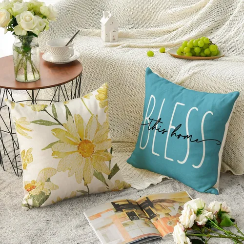 Miniatura 4 de AVOIN colorlife Home Sweet Home - Juego de 4 fundas de almohada amarillas para primavera y verano, 16 x 16 pulgadas, funda de cojín azul para sofá