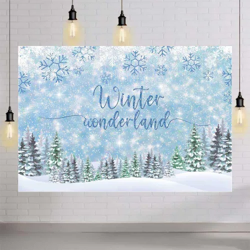 Miniatura 4 de MEHOFOND Telón de fondo de invierno de 8 x 6 pies, diseño de copo de nieve azul, fondo de fotografía de bosque con purpurina para decoración