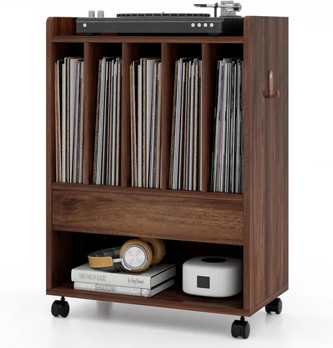 Miniatura 13 de LOKO Soporte para tocadiscos sobre ruedas, soporte giratorio con 5 compartimentos, cajón y estante abierto, estante de exhibición de vinilo