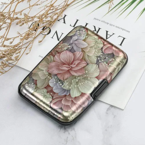 Miniatura 7 de ELFISH Mini cartera de aluminio RFID para tarjetas de crédito, funda de identificación de metal para hombres y mujeres, Happy Flower, Cartera Rfid