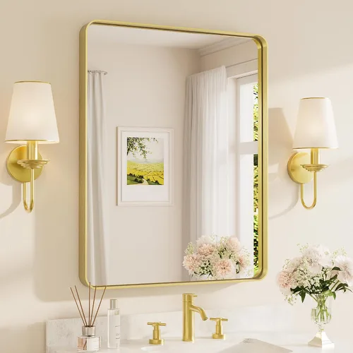 Miniatura 113 de TETOTE Espejo de marco dorado cepillado de 16 x 24 pulgadas, espejo de tocador de baño de latón dorado para pared, espejo enmarcado rectangular