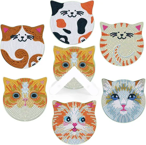 Miniatura 9 de MVVMTOP 6 posavasos de pintura de diamantes con soporte dimensional, formas especiales de bricolaje con forma especial de pata de gato, kits de arte