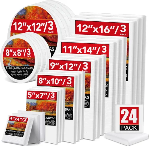 Paquete de 24 lienzos para pintar de 4 x 4 pulgadas, 5 x 7 pulgadas, 8 x 10 pulgadas, 9 x 12 pulgadas, 11 x 14 pulgadas, 12 x 16 pulgadas, lienzo