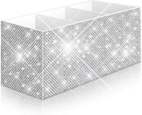 Miniatura 8 de Bling - Organizador de brochas de maquillaje, 3 ranuras para cosméticos, soportes de almacenamiento con diamantes de imitación brillantes, bonito