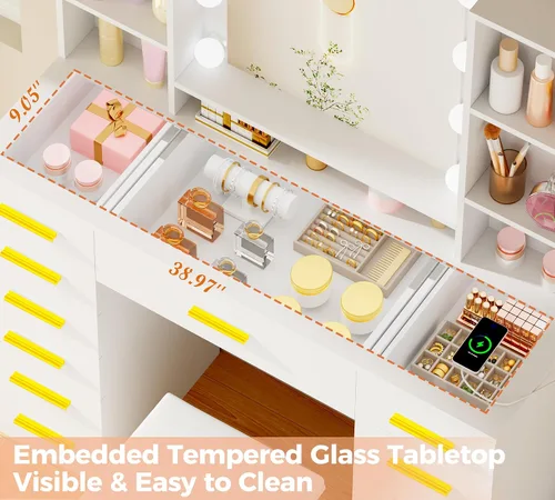 Miniatura 3 de ANWBROAD Escritorio de tocador con espejo y luces, juego de mesa de tocador de maquillaje blanco con parte superior de cristal, 13 cajones, 7