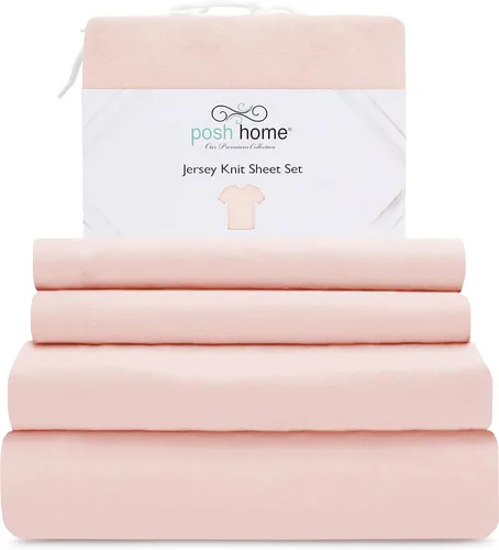 Miniatura 19 de Posh Home Juego de sábanas de punto de jersey, sábanas de 3 piezas, sábanas de jersey de algodón transpirable y suave, incluye sábana encimera