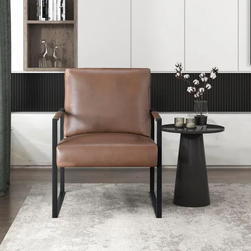 Miniatura 5 de Lexicon Silla decorativa moderna, tapizada de piel sintética con reposabrazos envueltos, sillón con marco de metal negro, cómoda silla individual