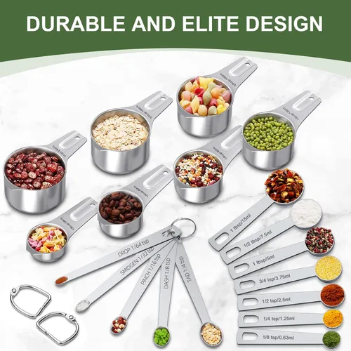Miniatura 3 de EWFEN Juego de tazas y cucharas medidoras, 7 tazas medidoras de acero inoxidable y 7 cucharas, 5 mini cucharas medidoras y 2 anillos desmontables