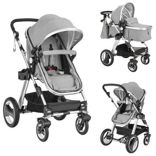 BABY JOY Cochecito de bebé, cochecito reclinable convertible 2 en 1, cochecito plegable con arnés de 5 puntos, incluye soporte para tazas, funda Gris