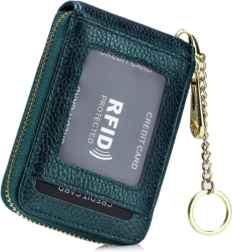 Cartera de cuero para mujer con tarjetero RFID con llavero, organizador de tarjetas múltiples y monedas, Verde A, Color sólido