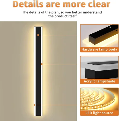 Miniatura 36 de Luz de pared exterior moderna de 47 pulgadas, accesorios de iluminación exterior de acrílico negro de 3000K, montaje en pared, luces de porche