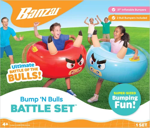 Banzai: Bump ‘N Bull Battle Set - Red & Blue, 2 Inflatable Body Bumper Toys, 37" Animal Ring Boppers, Bouncer Grip Handles, Outdoor Game Play, Kids