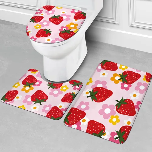 Miniatura 3 de Juego de 4 cortinas de ducha de frutas de fresa de 60 pulgadas de ancho por 72 pulgadas de alto, juego de baño con flores, color rosa Y2K, accesorio