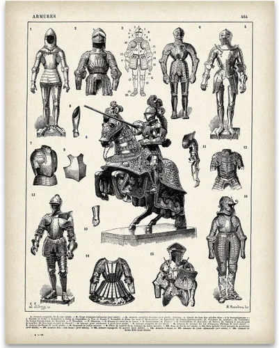 Miniatura 7 de Knight Armor - Lámina enmarcada de 11 x 14 pulgadas – Arte de pared de armaduras medievales para cueva de hombre, oficina, decoración de bar