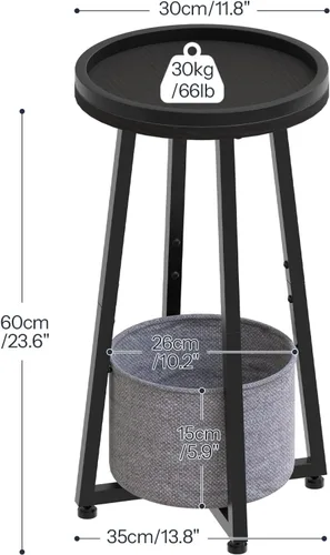 Miniatura 3 de HOOBRO Mesa auxiliar redonda pequeña, Mesa auxiliar de sofá redonda de 2 niveles, Mesita de noche compacta con cesta de almacenamiento de tela