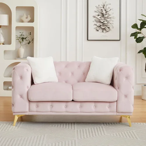 Miniatura 11 de KEIKI Sofá Chesterfield de terciopelo de lujo de 61 pulgadas con 2 almohadas, estilo mediados de siglo con botones copetudos de 2 plazas con cojines