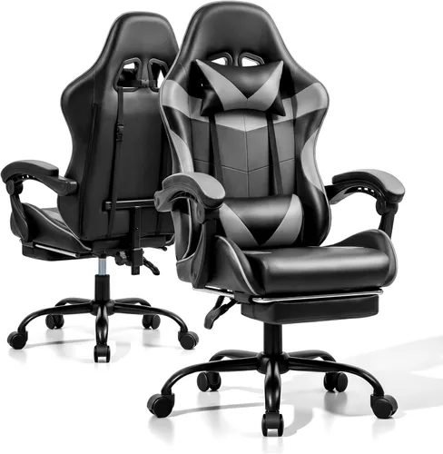 Miniatura 10 de Silla de juegos, silla ergonómica para computadora con reposapiés y soporte lumbar, silla de oficina de altura ajustable con asiento giratorio