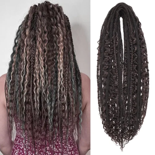 Miniatura 56 de Leeven Extensiones de rastas grises de 40 hebras de 18 pulgadas con terminación única hechas a mano, extensiones de rastas suaves de 0.6 cm