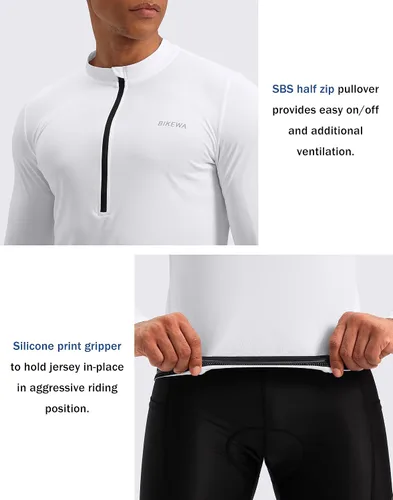 Miniatura 4 de Maillot de ciclismo para hombre con 3+1 bolsillos traseros con cremallera, manga larga, absorción de humedad, UPF 50+ media cremallera
